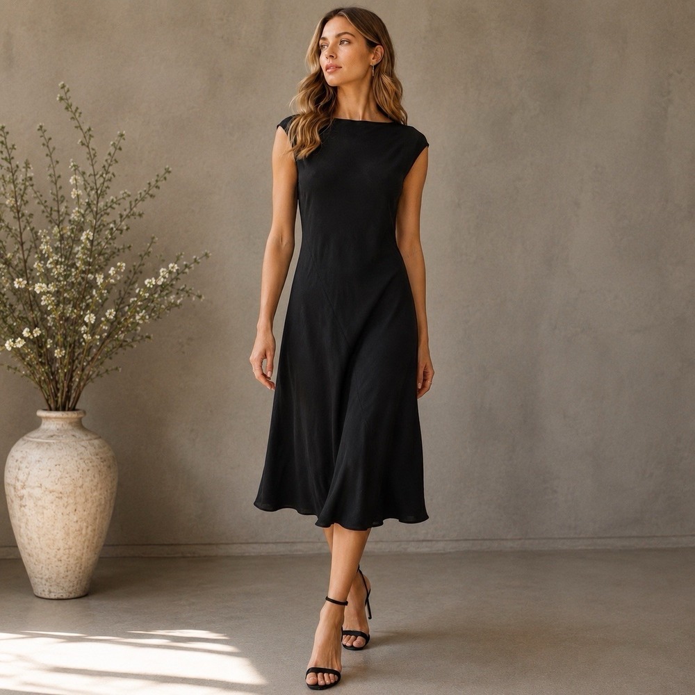 Shamask‎ 100% Silk Bias Cut Midi 90's Y2K Black Dress Quiet Luxury LBD  Small
